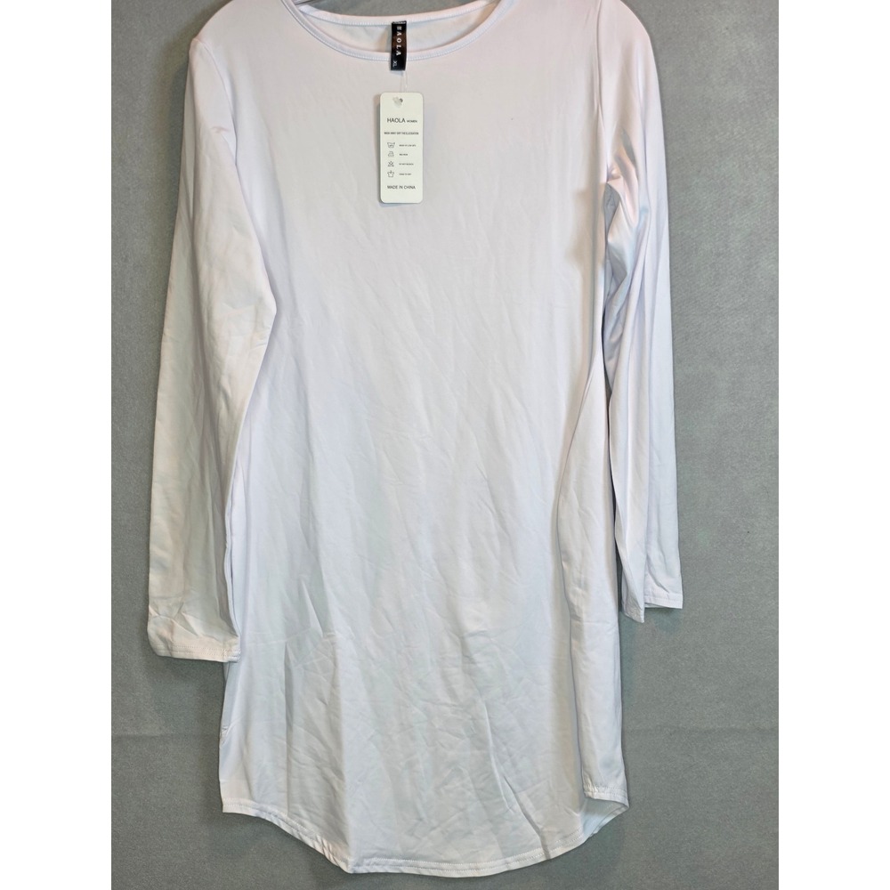 Haola Women White Long Sleeve Tunic Top Crew Neck Curved Hem XL New